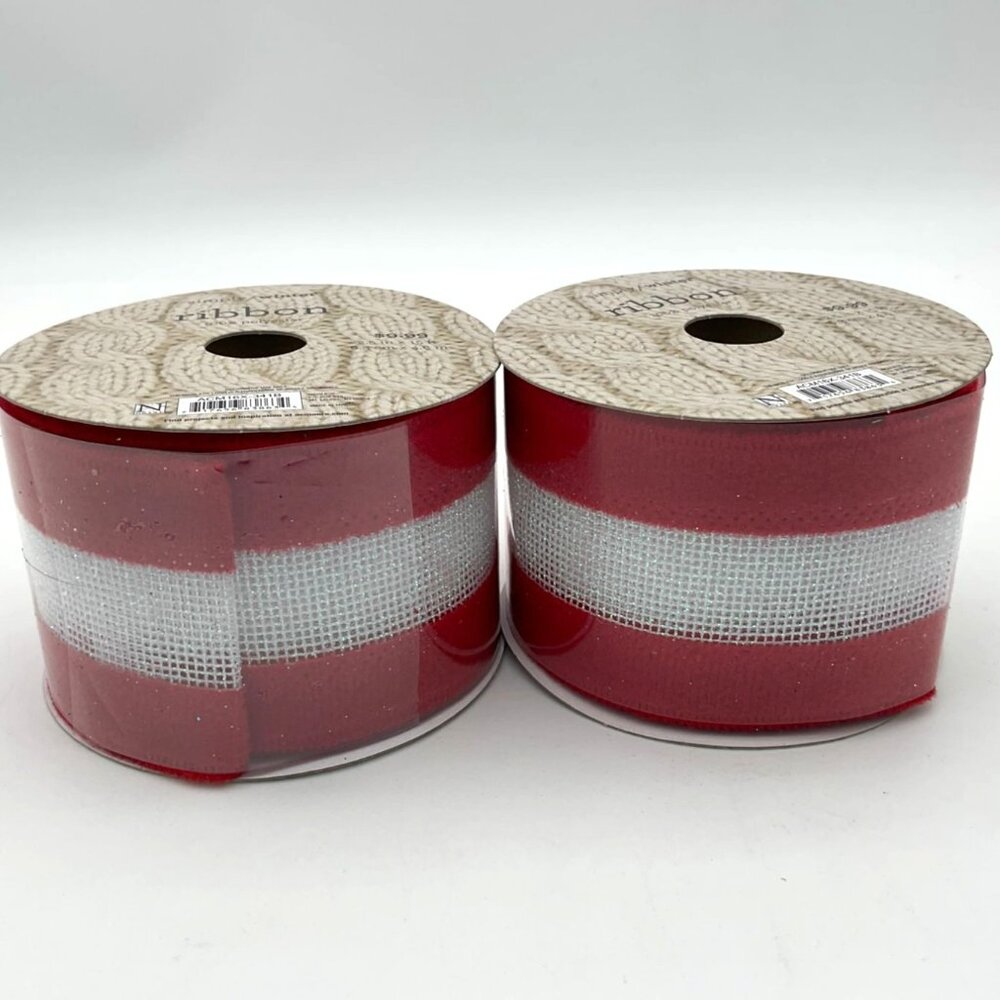 Nicole Simply Winter Polyester Wired Edge Red Wh Mesh Insert 2.5" Ribbon NIP x2